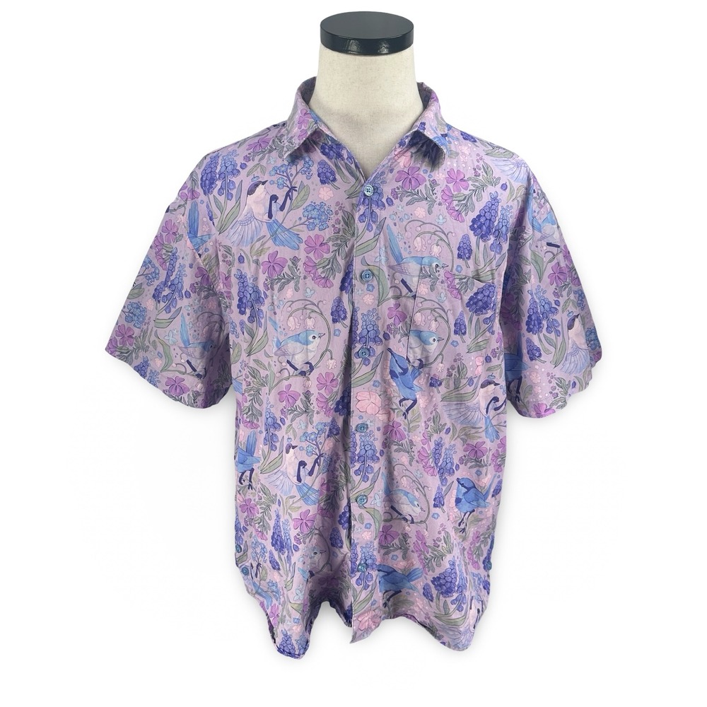 Morning Witch Mens XXL Purple Floral Bird Print Cotton Short Sleeve Button Down